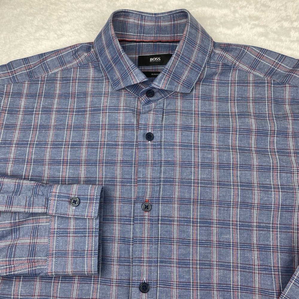 BOSS Hugo Boss Dress Shirt Mens Medium Blue w/Pink-White-Blue Lines Slim‎ Fit